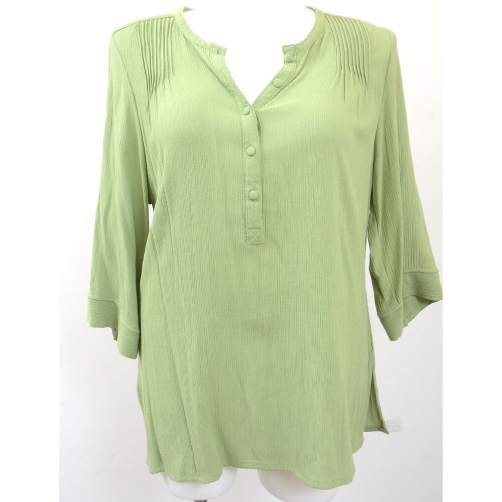 Avenue Plus 18/20 Chartreuse‎ 3/4 Sleeves Button Up Tunic Top Beachy Coastal